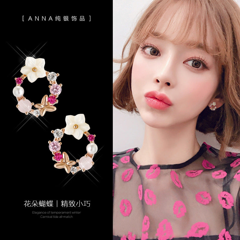 1 Pair Sweet Heart Shape Rose Flower Inlay Imitation Pearl Alloy Rhinestones Earrings