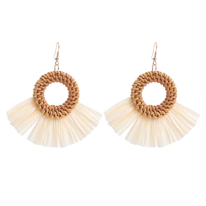 1 Pair Retro Round Sector Raffia Rattan Drop Earrings