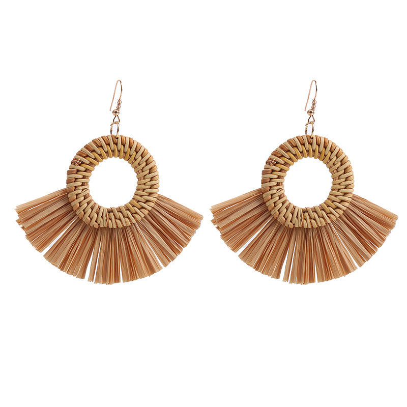 1 Pair Retro Round Sector Raffia Rattan Drop Earrings