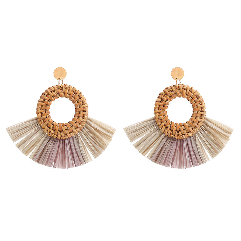 1 Pair Retro Round Sector Raffia Rattan Drop Earrings