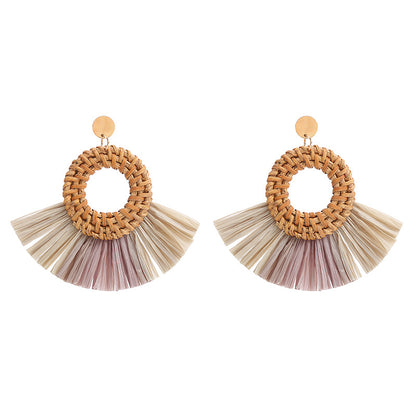 1 Pair Retro Round Sector Raffia Rattan Drop Earrings