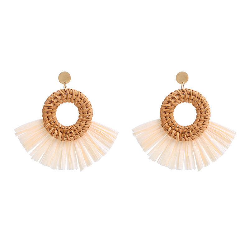 1 Pair Retro Round Sector Raffia Rattan Drop Earrings