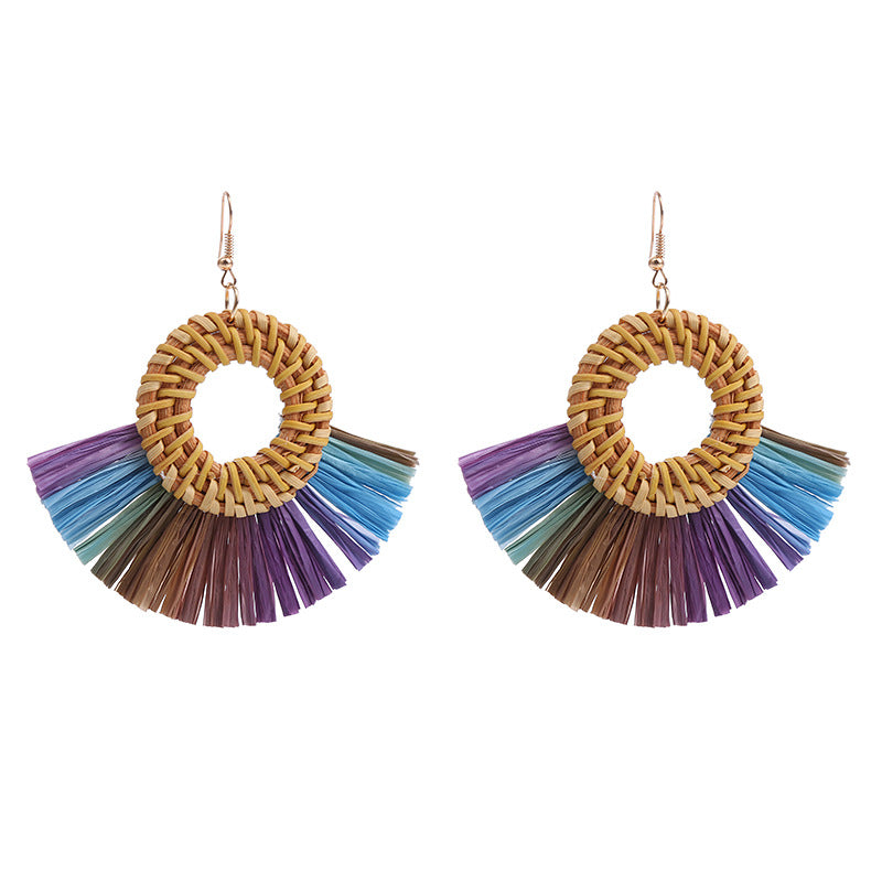 1 Pair Retro Round Sector Raffia Rattan Drop Earrings