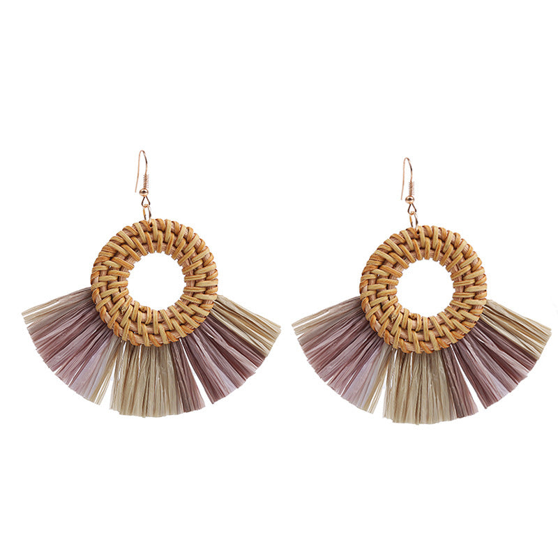 1 Pair Retro Round Sector Raffia Rattan Drop Earrings