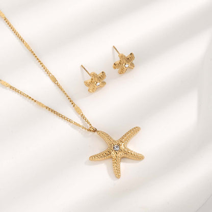 Lady Beach Starfish Titanium Steel Plating Inlay Zircon Gold Plated Earrings Necklace