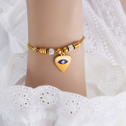 Luxurious Tropical Shiny Heart Shape Eye Titanium Steel Enamel Plating Inlay Zircon 18k Gold Plated Bracelets Drawstring Bracelets