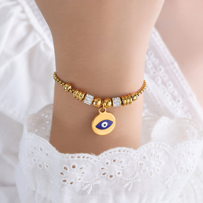 Luxurious Tropical Shiny Heart Shape Eye Titanium Steel Enamel Plating Inlay Zircon 18k Gold Plated Bracelets Drawstring Bracelets