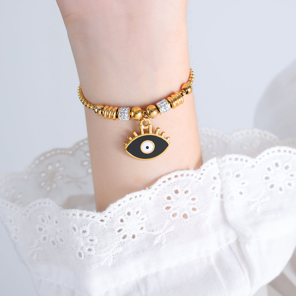 Luxurious Tropical Shiny Heart Shape Eye Titanium Steel Enamel Plating Inlay Zircon 18k Gold Plated Bracelets Drawstring Bracelets