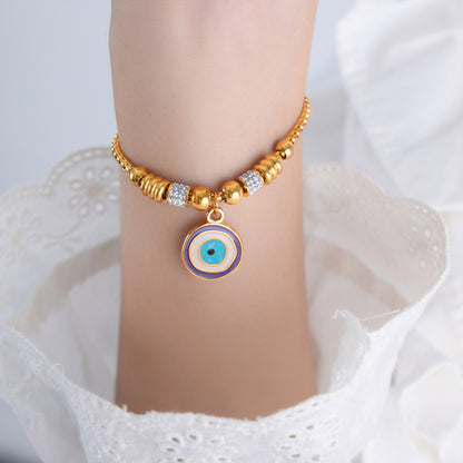 Luxurious Tropical Shiny Heart Shape Eye Titanium Steel Enamel Plating Inlay Zircon 18k Gold Plated Bracelets Drawstring Bracelets