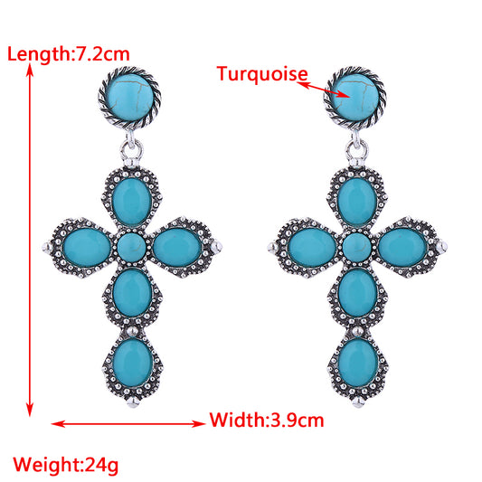 1 Pair Vintage Style Luxurious Classic Style Cross Plating Inlay Alloy Turquoise Silver Plated Dangling Earrings