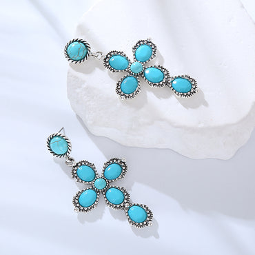 1 Pair Vintage Style Luxurious Classic Style Cross Plating Inlay Alloy Turquoise Silver Plated Dangling Earrings