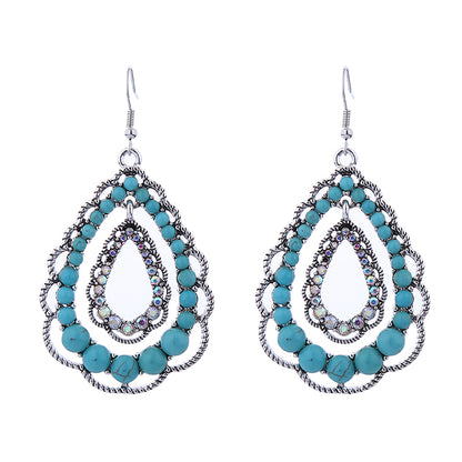 1 Pair Retro Ethnic Style Water Droplets Plating Inlay Alloy Turquoise Rhinestones Silver Plated Drop Earrings