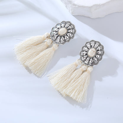 1 Pair Vintage Style Baroque Style Modern Style Tassel Plating Inlay Alloy Turquoise Silver Plated Drop Earrings