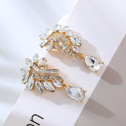 1 Pair Elegant Flower Inlay Alloy Rhinestones Drop Earrings