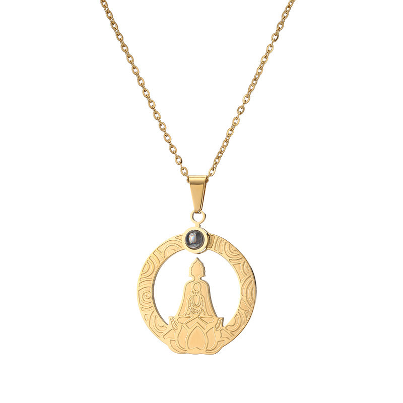 Casual Hip-hop Buddha Lotus Stainless Steel Hollow Out Inlay Glass Stone Pendant Necklace