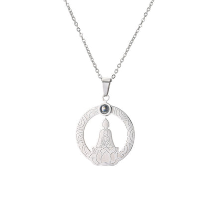 Casual Hip-hop Buddha Lotus Stainless Steel Hollow Out Inlay Glass Stone Pendant Necklace