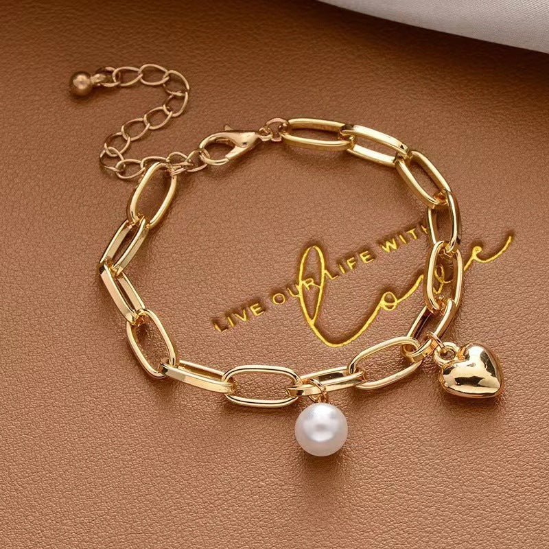 Sweet Simple Style Bear Heart Shape Flower Imitation Pearl Alloy Charm Inlay Moonstone Opal Women's Bracelets