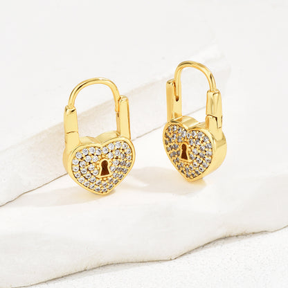 1 Pair Vacation Heart Shape Lock Inlay Copper Zircon 18k Gold Plated Drop Earrings