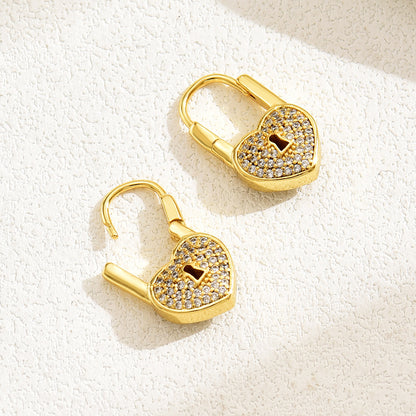 1 Pair Vacation Heart Shape Lock Inlay Copper Zircon 18k Gold Plated Drop Earrings