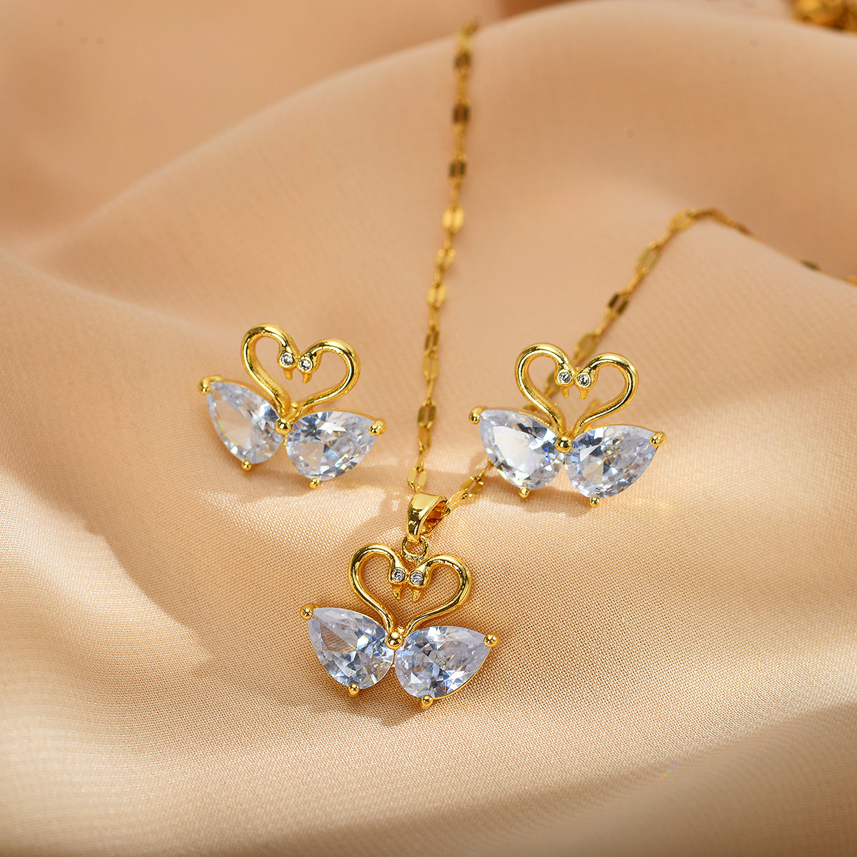 Sweet Swan Copper Inlay Zircon Earrings Necklace