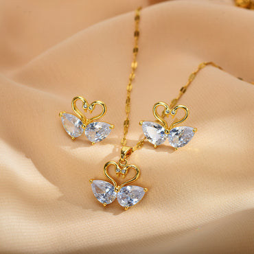 Sweet Swan Copper Inlay Zircon Earrings Necklace
