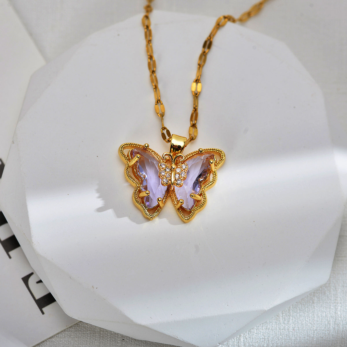 Sweet Butterfly Titanium Steel Copper Inlay Zircon Pendant Necklace