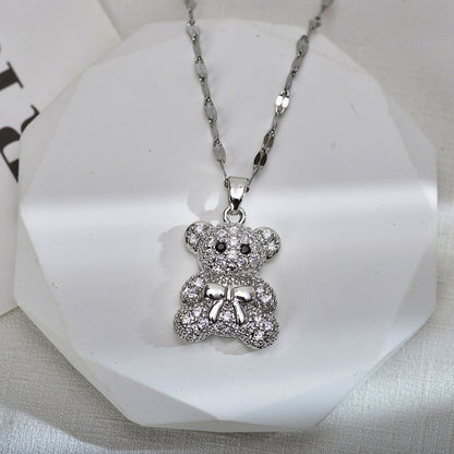 Cute Little Bear Titanium Steel Copper Inlay Zircon Pendant Necklace