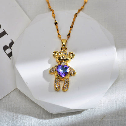 Cute Animal Bear Heart Shape Titanium Steel Copper Inlay Zircon Pendant Necklace