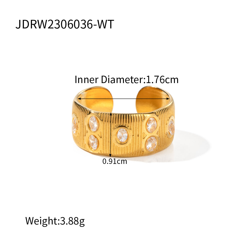 Ig Style Stripe Stainless Steel Plating Inlay Zircon 18k Gold Plated Wide Band Rings Open Rings