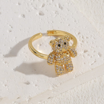 Elegant Classic Style Bear Copper Asymmetrical Plating Inlay Zircon 14k Gold Plated Open Rings