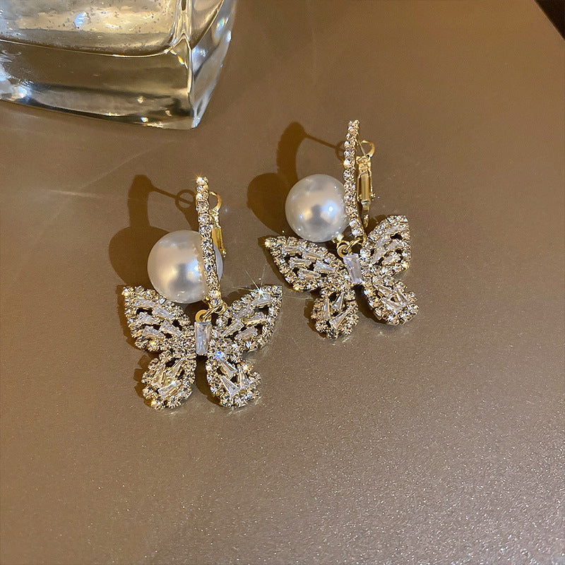 1 Pair Glam Simple Style Butterfly Plating Inlay Imitation Pearl Alloy Artificial Rhinestones Zircon 14k Gold Plated Drop Earrings