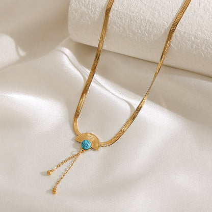 Elegant Luxurious Devil's Eye Sector Tassel Titanium Steel Plating Inlay Turquoise Gold Plated Pendant Necklace