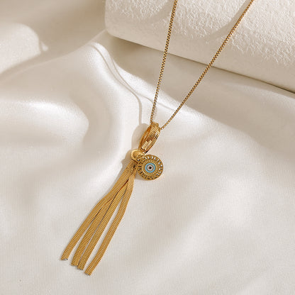 Elegant Luxurious Devil's Eye Sector Tassel Titanium Steel Plating Inlay Turquoise Gold Plated Pendant Necklace