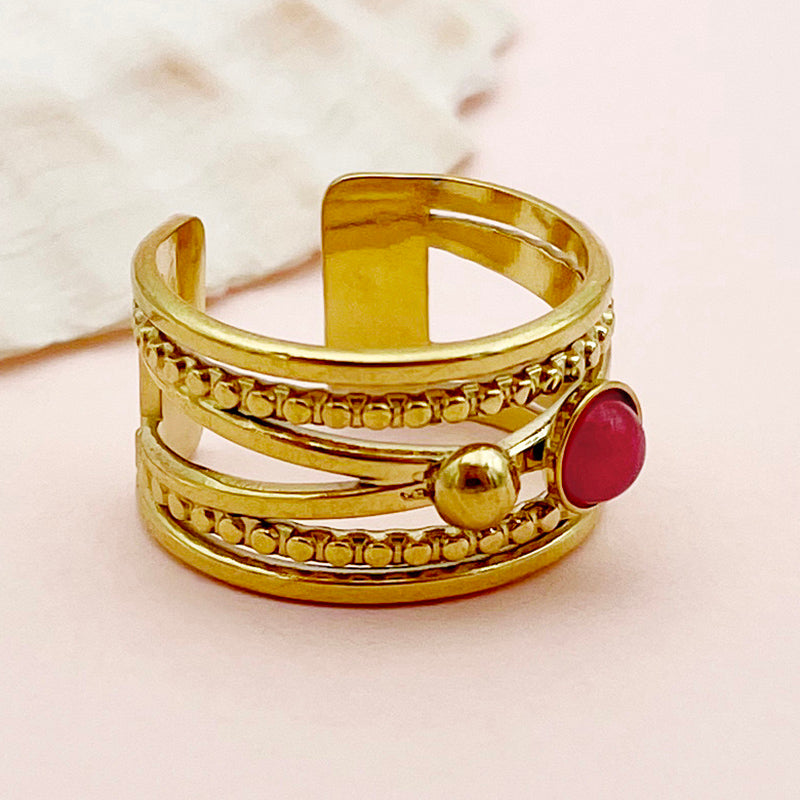 304 Stainless Steel 14K Gold Plated Simple Style Layered Plating Inlay Natural Stone Open Rings