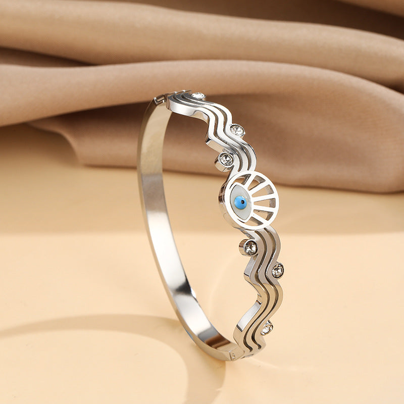 Ig Style Cool Style Devil's Eye Titanium Steel Plating Hollow Out Inlay Shell Zircon Bangle