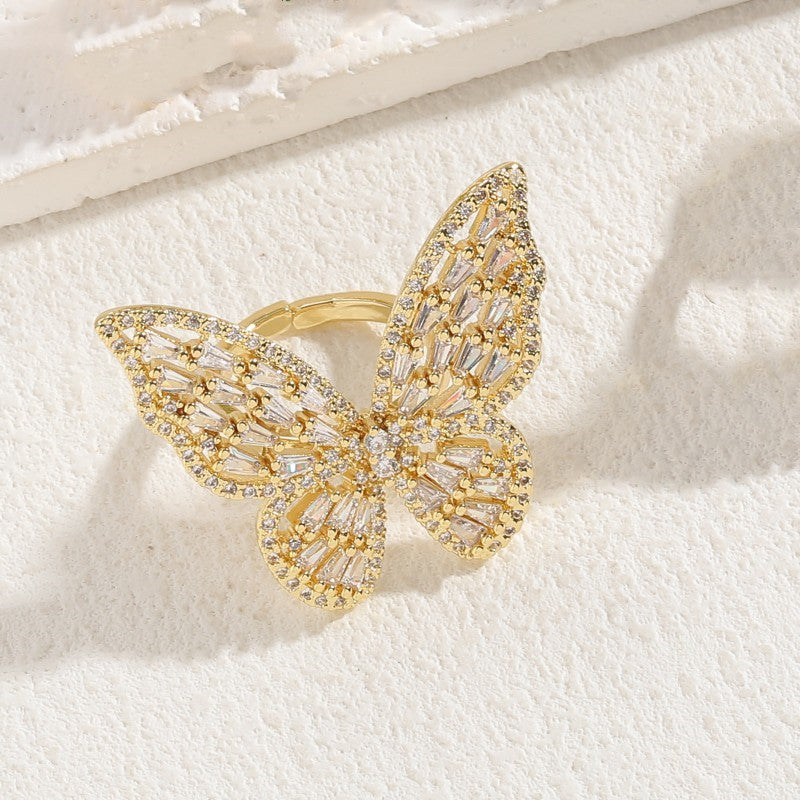 Elegant Classic Style Butterfly Copper Asymmetrical Plating Inlay Zircon 14k Gold Plated Open Rings