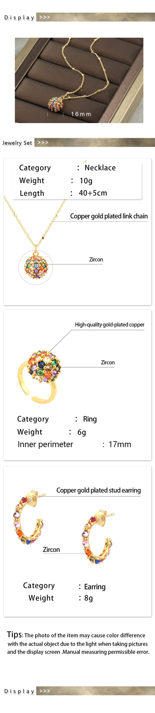 Shiny C Shape Round Copper 18k Gold Plated Zircon Rings Earrings Necklace In Bulk