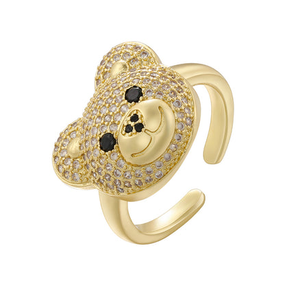 Streetwear Bear Copper Plating Inlay Zircon 18k Gold Plated Open Rings