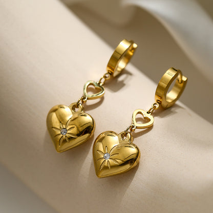 1 Pair Simple Style Commute Heart Shape Plating Inlay Titanium Steel Zircon 18k Gold Plated Drop Earrings