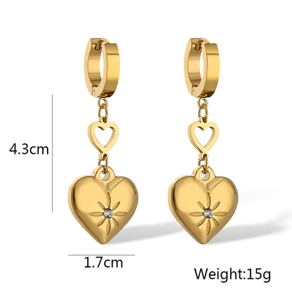 1 Pair Simple Style Commute Heart Shape Plating Inlay Titanium Steel Zircon 18k Gold Plated Drop Earrings