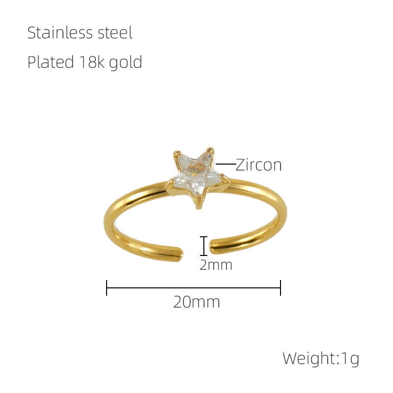 Simple Style Korean Style Star Stainless Steel Inlay Zircon 18k Gold Plated Open Rings