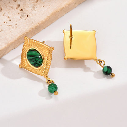 1 Pair Retro French Style Rhombus Plating Inlay Stainless Steel Natural Stone 14k Gold Plated Drop Earrings