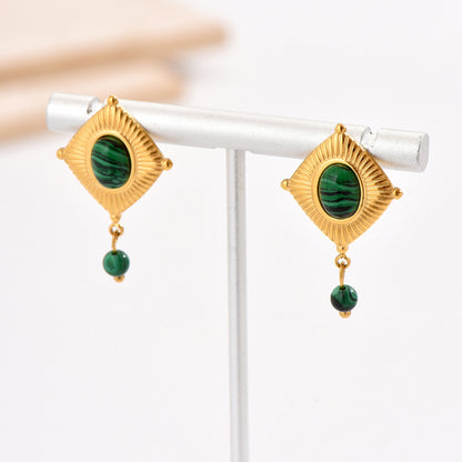 1 Pair Retro French Style Rhombus Plating Inlay Stainless Steel Natural Stone 14k Gold Plated Drop Earrings