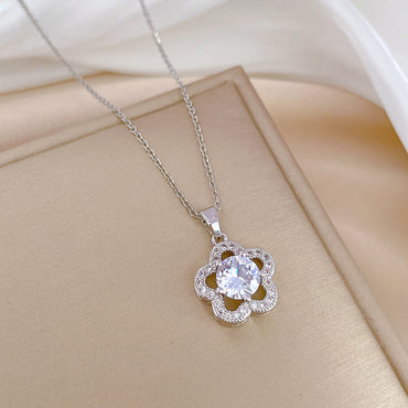 Simple Style Flower Stainless Steel Copper Inlay Zircon Pendant Necklace