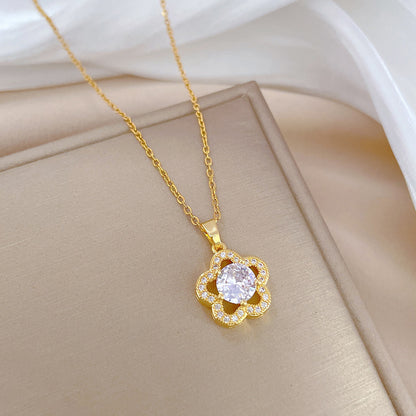 Simple Style Flower Stainless Steel Copper Inlay Zircon Pendant Necklace