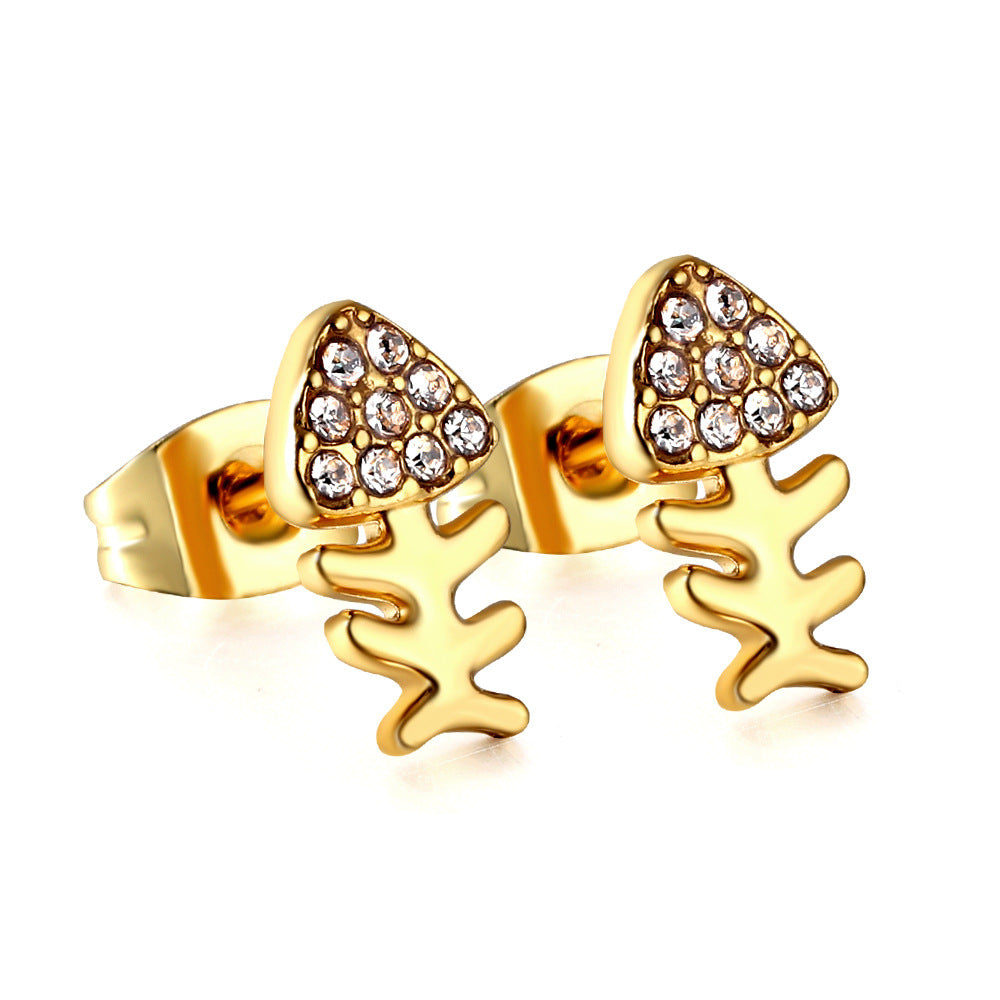 1 Pair Retro Streetwear Heart Shape Mushroom Fish Bone Plating Inlay Stainless Steel Zircon Ear Studs