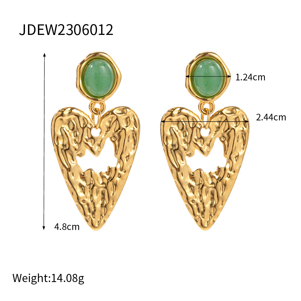 1 Pair Elegant Retro Round Heart Shape Plating Inlay Stainless Steel Aventurine 18k Gold Plated Drop Earrings