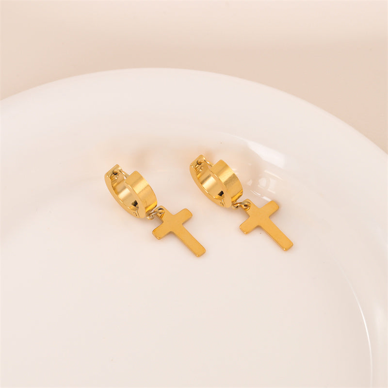 1 Pair Simple Style Cross Round Plating Stainless Steel 18k Gold Plated Earrings