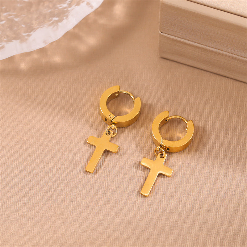 1 Pair Simple Style Cross Round Plating Stainless Steel 18k Gold Plated Earrings