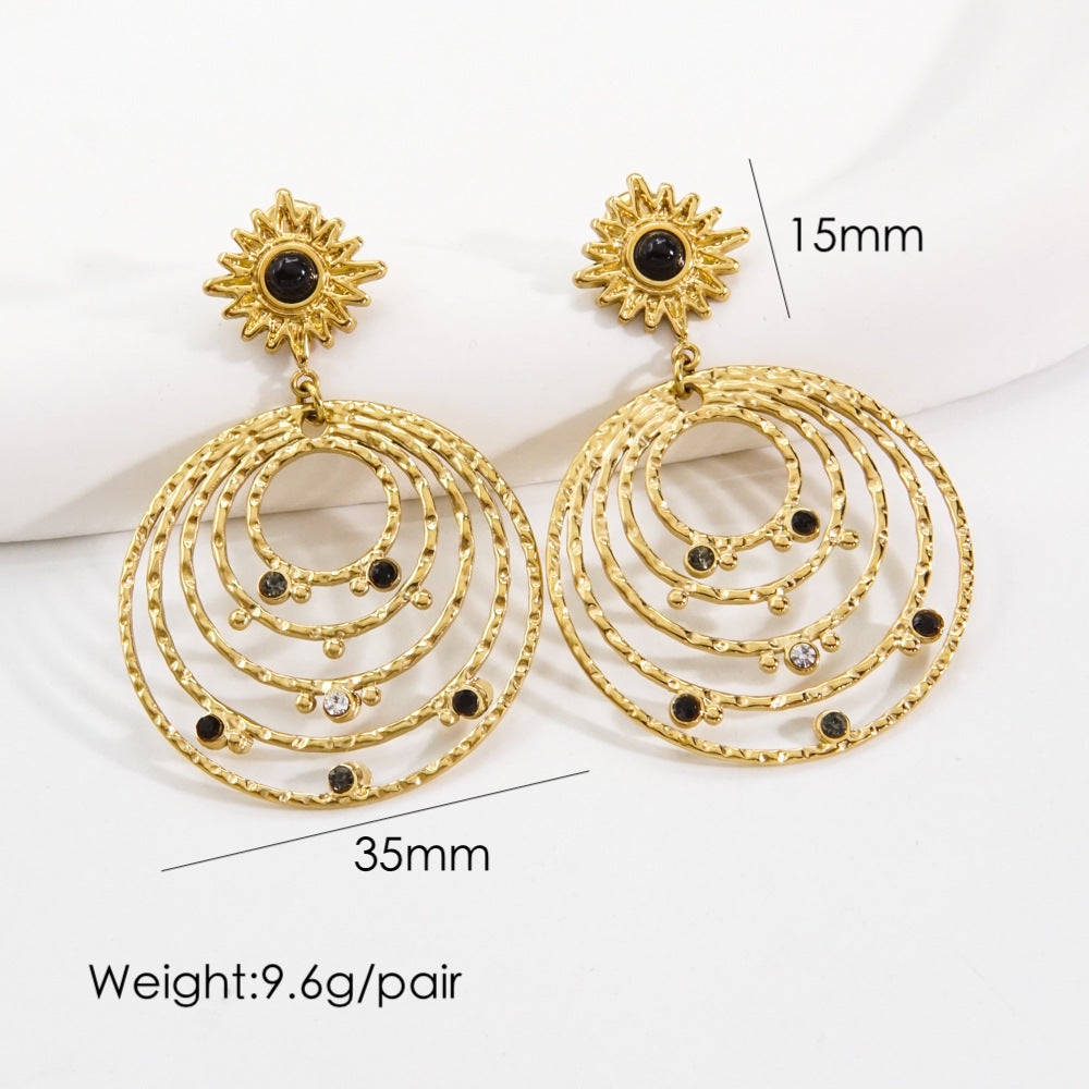 1 Pair Bohemian Round Plating Inlay Stainless Steel Natural Stone Zircon Drop Earrings